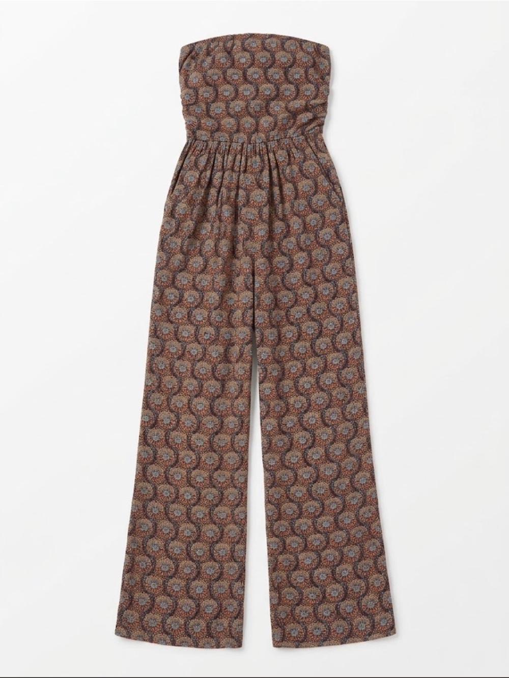 Zara Strapless Wide-Leg Jumpsuit in Brown Paisley